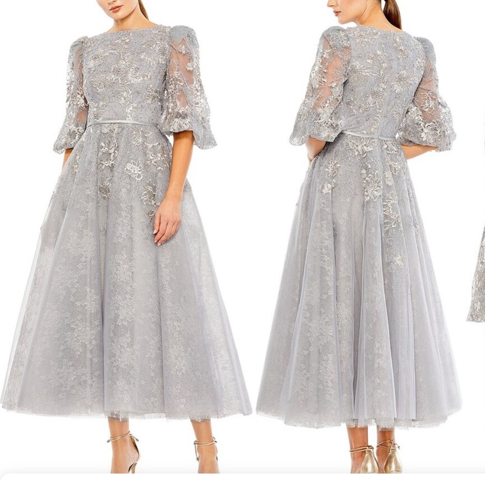 Mac Duggal Silver Puff Half Sleeve Dress, size 8.